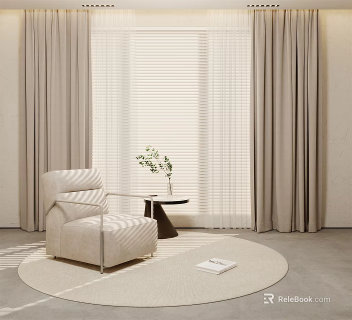 Modern Single Sofa on Round Rug with Small Table Green Plant and Window Curtains 3d model 