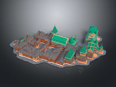 Ancient Architecture Featuring Multiple Traditional Buildings with Green Roofs and Courtyard Layout 3d model