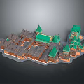 Ancient Architecture Featuring Multiple Traditional Buildings with Green Roofs and Courtyard Layout 3d model