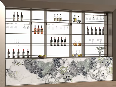 Elegant Wine Cabinet with Open Shelves Bottles Glasses and Marble Pattern Countertop 3d model