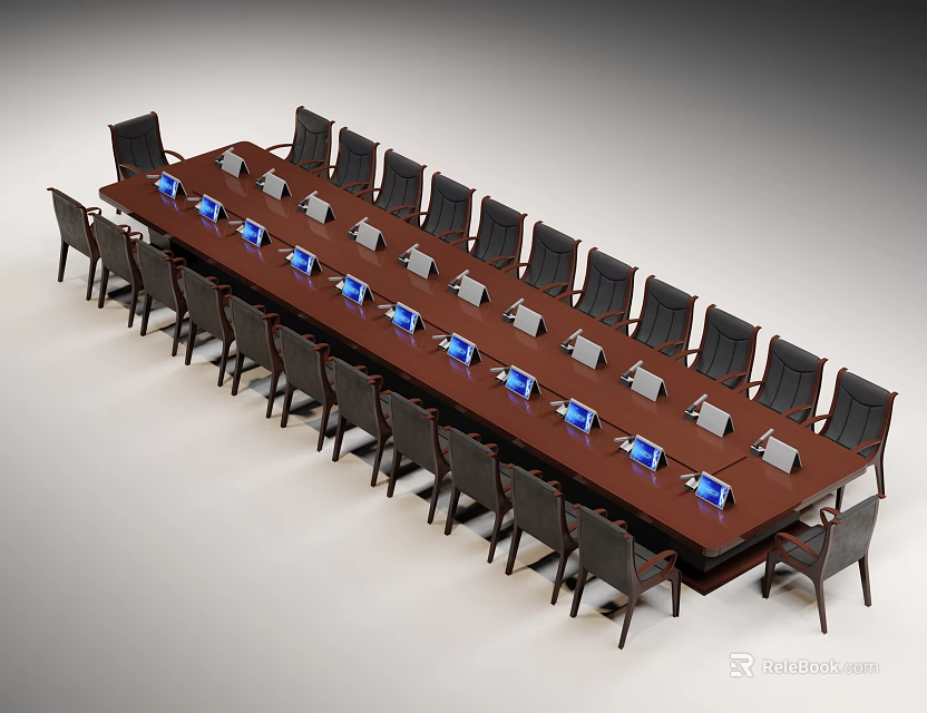 Large Wooden Conference Table With Black Chairs And Blue Electronic Screens On Top 3d model 
