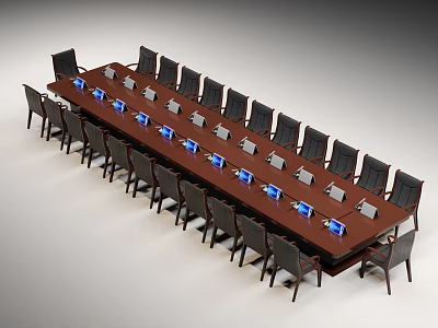 Large Wooden Conference Table With Black Chairs And Blue Electronic Screens On Top 3d model