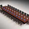 Large Wooden Conference Table With Black Chairs And Blue Electronic Screens On Top