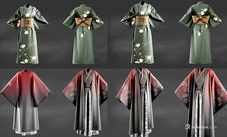 Traditional Kimono Collection Featuring Green Red Gradient And Black With Floral Patterns And Obi Belt 3d model 