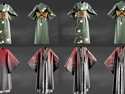 Traditional Kimono Collection Featuring Green Red Gradient And Black With Floral Patterns And Obi Belt 3d model