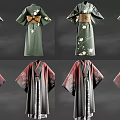Traditional Kimono Collection Featuring Green Red Gradient And Black With Floral Patterns And Obi Belt