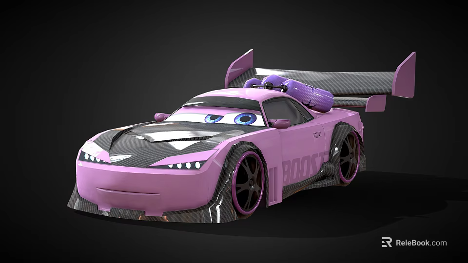 Cartoon Pink Race Car Character With Big Eyes ROCK Decal Rear Wing And Tires 3d model 