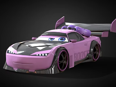 Cartoon Pink Race Car Character With Big Eyes ROCK Decal Rear Wing And Tires 3d model