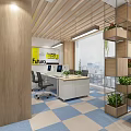 Modern Reception Area Interior With Wooden Ceiling Marble Countertop And Logo Wall Design
