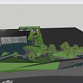 Modern Garden Landscape Design With Green Lawn Water Feature Trees and Sloped Roof Building