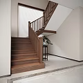 Wooden Staircase With Handrail And Small Side Table With Vase Plants Near Window Blinds