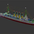 Vintage Warship With Three Yellow Funnels Red Hull Bottom And Classic Mast Design
