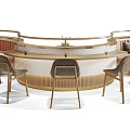 Public Chair Design With Curved Wooden Seating And Tables For Casual Public Area