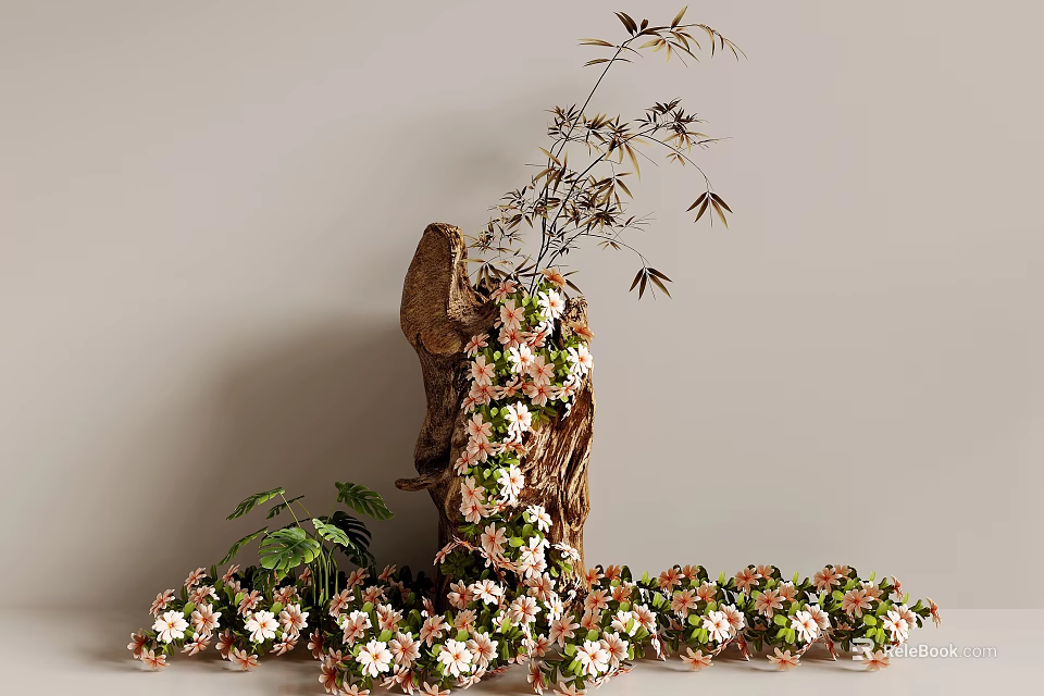 Natural Decorative Ornament With Wooden Base Flowers Vines And Fresh Green Leaves 3d model 