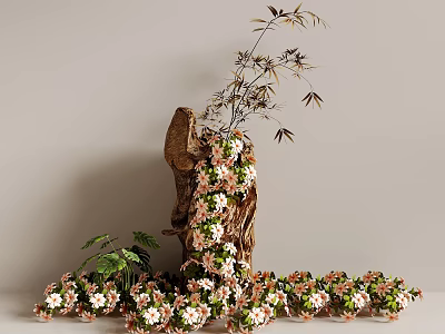 Natural Decorative Ornament With Wooden Base Flowers Vines And Fresh Green Leaves 3d model