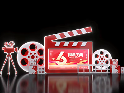 6th Anniversary Celebration Photo Spot Featuring Cinema Clapperboard Film Projector And Red White Tones 3d model