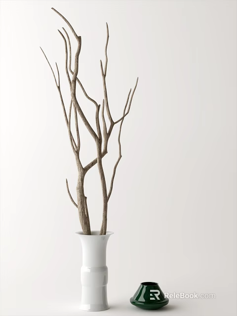 Dry Tree Branches Placed In White Vase Against Plain White Background 3d model