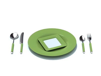 Green Dinnerware Set Including Round Plate Square Plate Knife Spoon and Fork with Green Handles 3d model