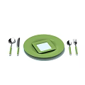 Green Dinnerware Set Including Round Plate Square Plate Knife Spoon and Fork with Green Handles