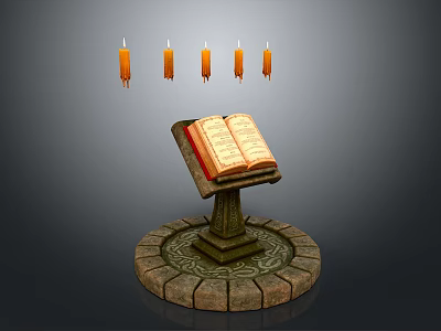 Open Book On Round Stone Reading Stand With Five Lit Candles 3d model