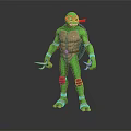 Green Ninja Turtle Character With Red Headband Sai Weapons And Shell Armor 3d model