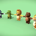 Playful Row of Colorful Cartoon Animals Holding Hands On Green Background
