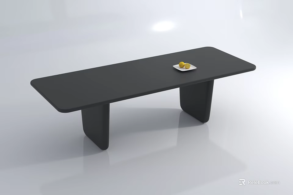 Sleek Black Coffee Table with Rectangular Smooth Surface and Small Fruit Plate in Modern Design 3d model