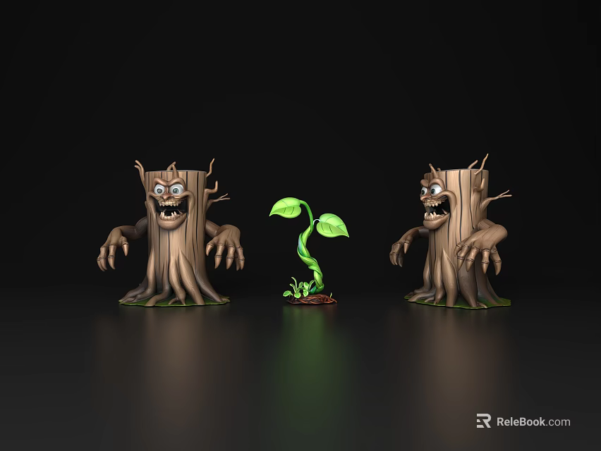 Cartoon Bush Stumps With Scary Faces And Small Green Plant On Black Background 3d model 