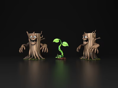 Cartoon Bush Stumps With Scary Faces And Small Green Plant On Black Background 3d model