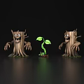 Cartoon Bush Stumps With Scary Faces And Small Green Plant On Black Background