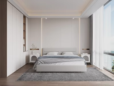 Modern Bedroom Interior With White Headboard Nightstands Wardrobe Wooden Floor Large Window And White Curtains 3d model