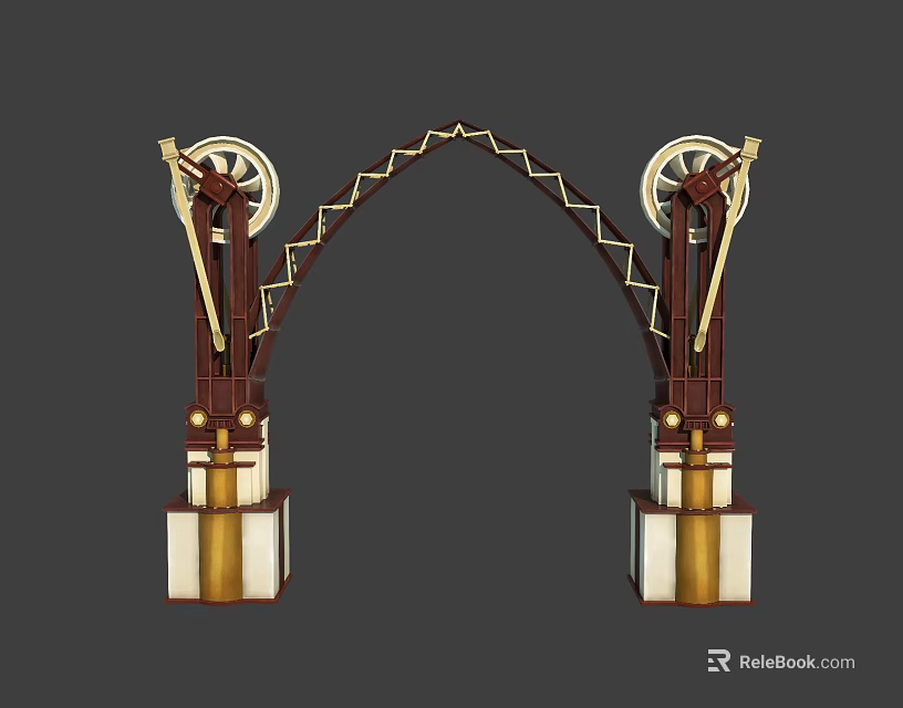 Ornate Arched Entrance Gate With Gear Decorations Gold Accents And Brown Pillars 3d model 