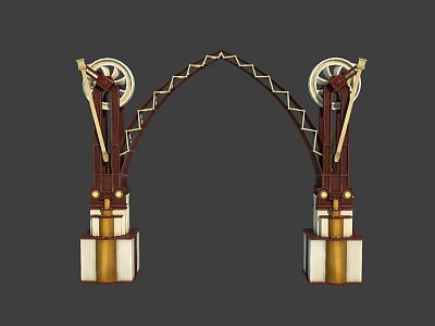 Ornate Arched Entrance Gate With Gear Decorations Gold Accents And Brown Pillars 3d model
