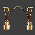 Ornate Arched Entrance Gate With Gear Decorations Gold Accents And Brown Pillars