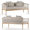 Modern Beige Sofa with Wooden Legs and Black Woven Armrests for Living Room Home Decor