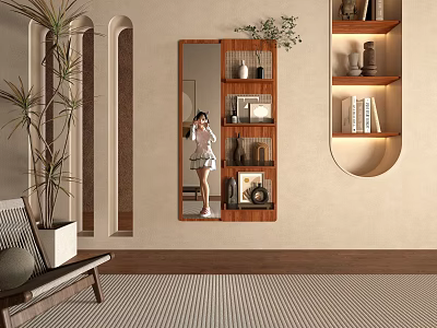 Modern Wall Mounted Mirror in Home Interior with Wooden Shelves Decorative Items and Plants 3d model