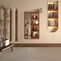 Modern Wall Mounted Mirror in Home Interior with Wooden Shelves Decorative Items and Plants