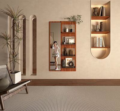 Modern Wall Mounted Mirror in Home Interior with Wooden Shelves Decorative Items and Plants 3d model