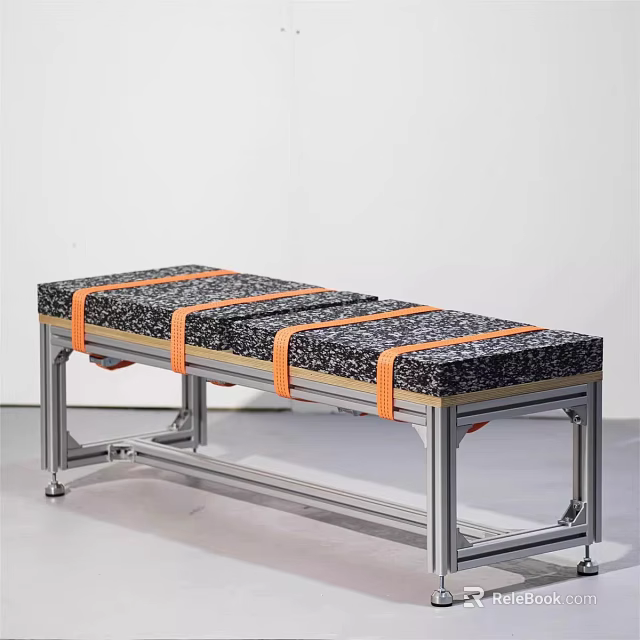Modern Stool With Metal Frame Black Patterned Cushion And Orange Straps 3d model