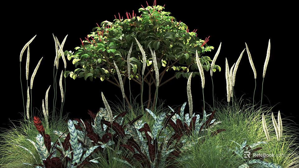 Lush Green Shrub With Red Flowers Surrounded By Ornamental Grasses And Foliage 3d model 