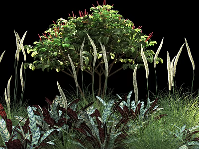Lush Green Shrub With Red Flowers Surrounded By Ornamental Grasses And Foliage 3d model