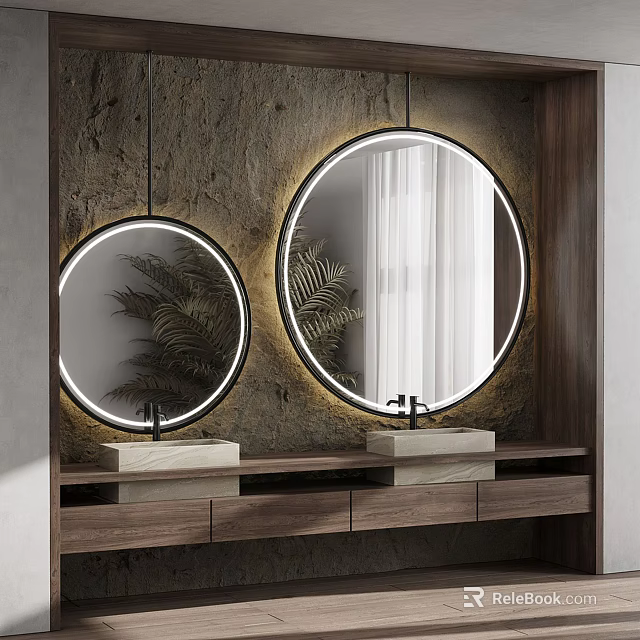 Wooden Vanity with Two Round Mirrors with Light Strips and Marble Countertop on Textured Wall 3d model 