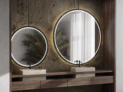 Wooden Vanity with Two Round Mirrors with Light Strips and Marble Countertop on Textured Wall 3d model