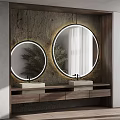 Wooden Vanity with Two Round Mirrors with Light Strips and Marble Countertop on Textured Wall