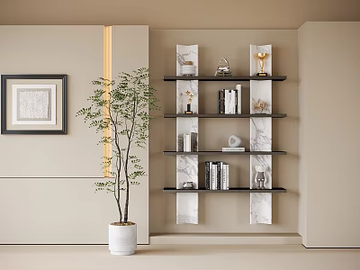 Modern Wall Mounted Shelving Unit With Marble Panels Decorative Items And Potted Plant 3d model
