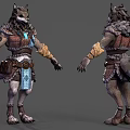 3D Wolf Creature Character With Two Views Brown Leather Armor Blue Accents Tail And Claws