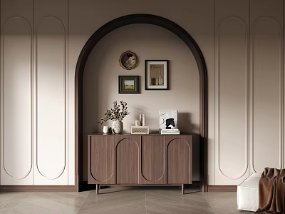 Elegant Modern Entryway Console Cabinet And Side Cabinet With Framed Art And Decorative Plants 3d model