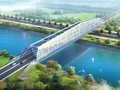 Modern Steel Structure Bridge Spanning River With Lush Greenery Roads And Flying Birds 3d model