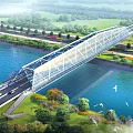 Modern Steel Structure Bridge Spanning River With Lush Greenery Roads And Flying Birds