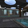 Modern SPA Sauna Interior With Indoor Pool Marble Walls Green Plants And Comfortable Seating